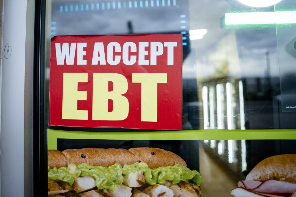 An EBT sign is displayed on the window at a gas station in Hazleton, Pa., on Nov. 5, 2025. (Madalina Kilroy/The Epoch Times)