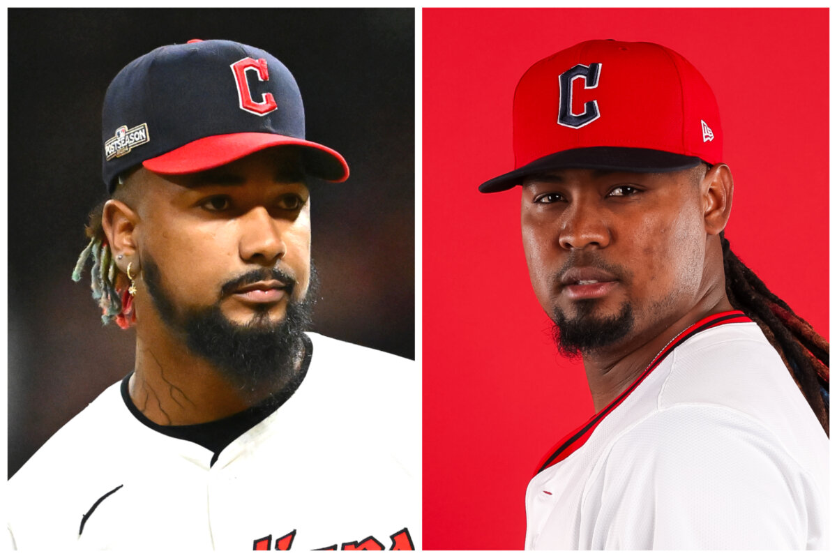 (Left) Emmanuel Clase #48 of the Cleveland Guardians reacts after a home run during the eighth inning against the New York Yankees during Game Three of the American League Championship Series at Progressive Field in Cleveland, Ohio, on Oct. 17, 2024. (Right) Luis Ortiz #45 of the Cleveland Guardians poses for a portrait during Cleveland Guardians photo day at Goodyear Ballpark in Goodyear, Ariz., on Feb. 20, 2025. (Jason Miller, Mike Christy/Getty Images)