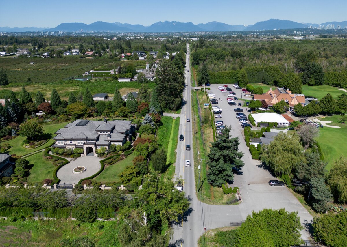 Properties which fall within the boundaries of a Cowichan Nation Aboriginal title claim, are seen along No. 6 Road in Richmond, B.C., on Aug. 22, 2025. (The Canadian Press/Darryl Dyck)