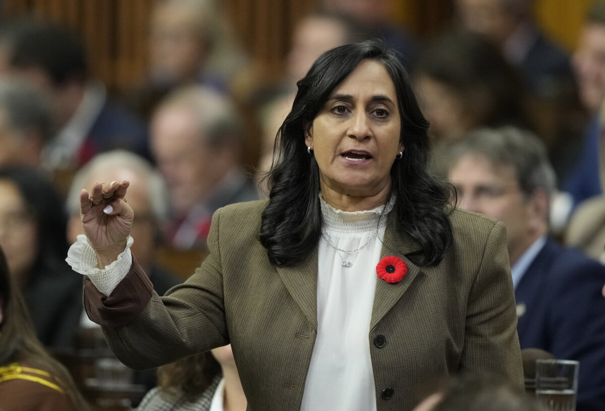 Canadian Foreign Affairs Minister Anita Anand rises during question period on Parliament Hill in Ottawa on Nov. 5, 2025. (Adrian Wyld/The Canadian Press)