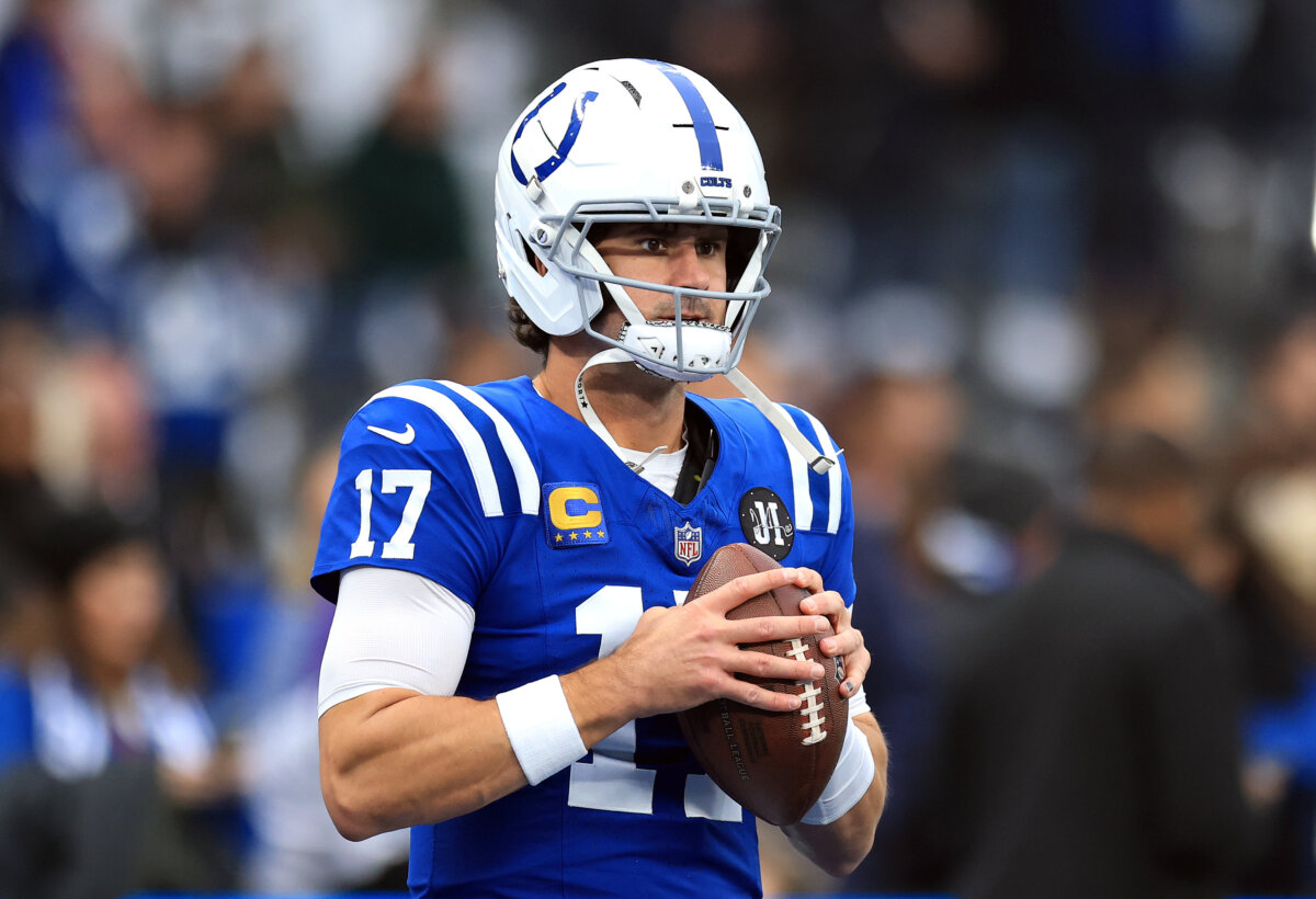 Daniel Jones of Indianapolis Colts warms up prior to the NFL 2025 game between Atlanta Falcons and Indianapolis Colts at Olympiastadion in Berlin, Germany, on Nov. 9, 2025. (Maja Hitij/Getty Images)