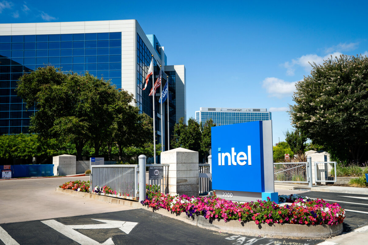 The Intel logo is displayed outside of the Intel headquarters in Santa Clara, Calif., on July 26, 2025. The Trump administration took equity stakes in the semiconductor giant in August. (Gary Wang/The Epoch Times)