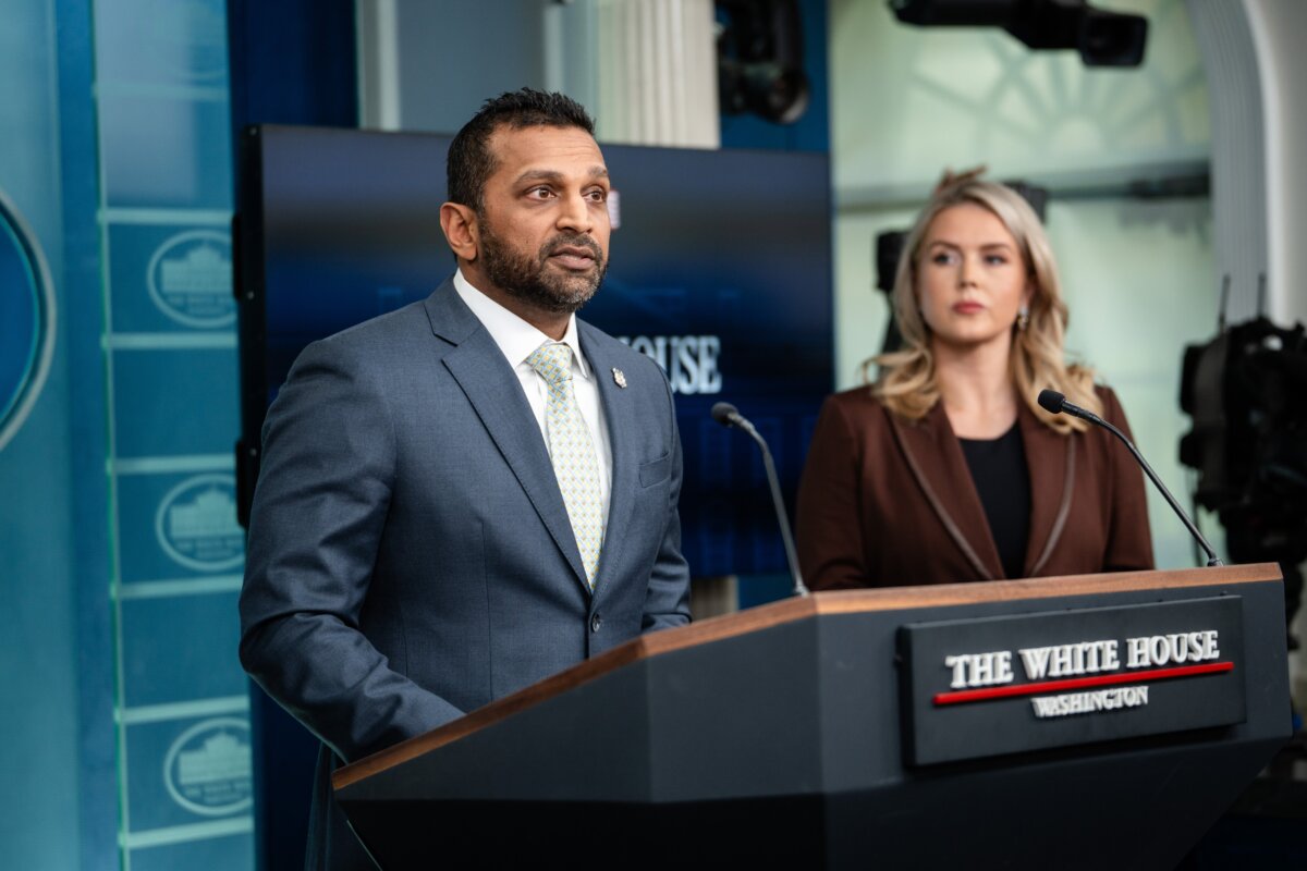 FBI director Kash Patel (L) and White House press secretary Karoline Leavitt (R) speak during a press briefing at the White House in Washington on Nov. 12, 2025. (Madalina Kilroy/The Epoch Times)