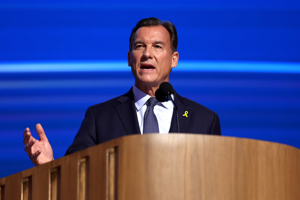 Rep. Tom Suozzi (D-N.Y.) speaks on stage during the third day of the Democratic National Convention at the United Center in Chicago on Aug. 21, 2024. (Justin Sullivan/Getty Images)