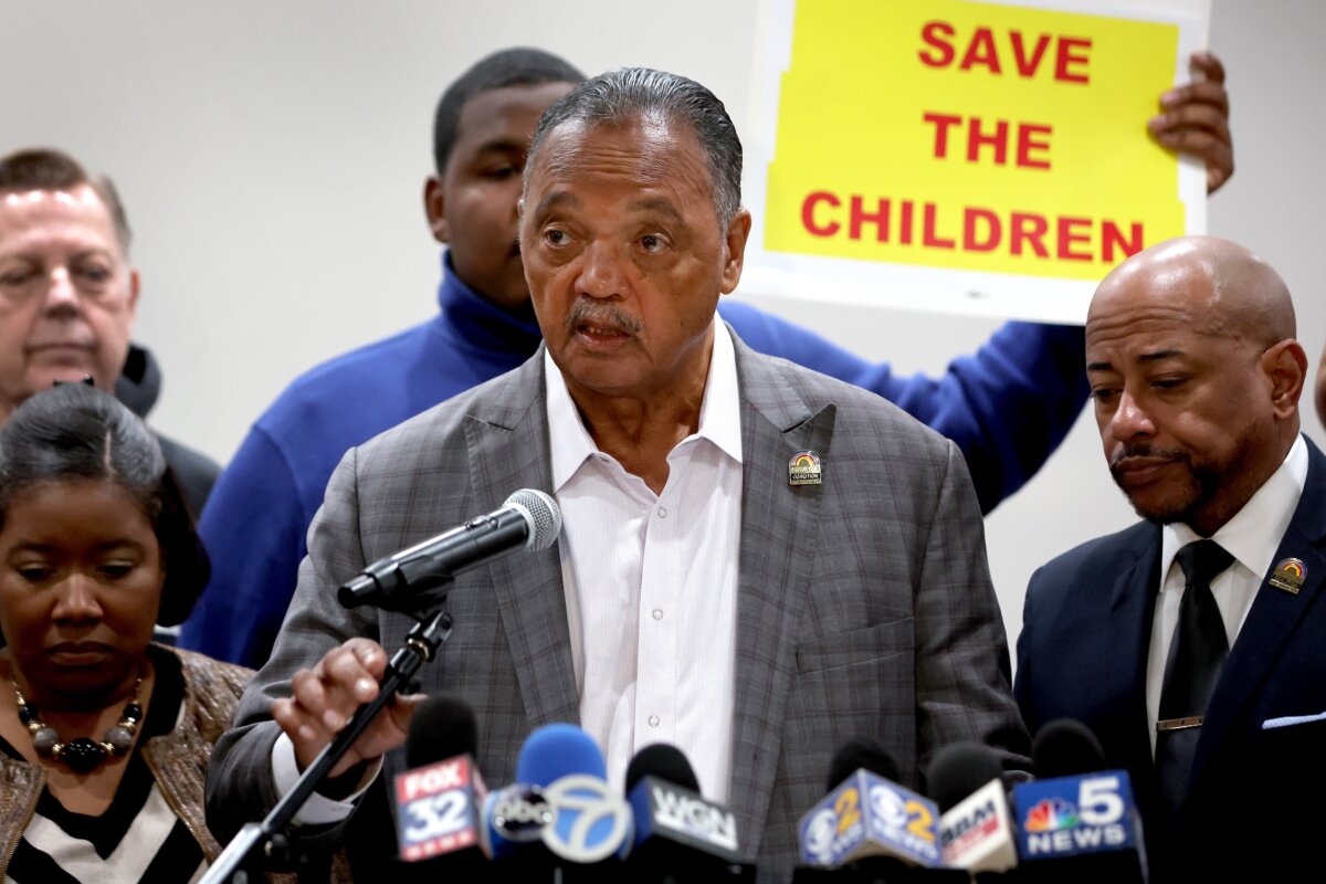 Rev. Jesse Jackson joins other community leaders during a press conference to call on the city to take measures to curtail violent crime in Chicago, Ill., on April 27, 2022. (Scott Olson/Getty Images)
