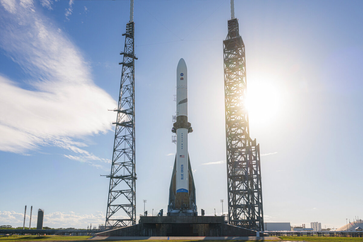 Blue Origin’s New Glenn rocket stands on the pad of Launch Complex 36 at Cape Canaveral Space Force Station in Florida ahead of its NG-2 mission on Nov. 13, 2025. (Courtesy of Blue Origin)