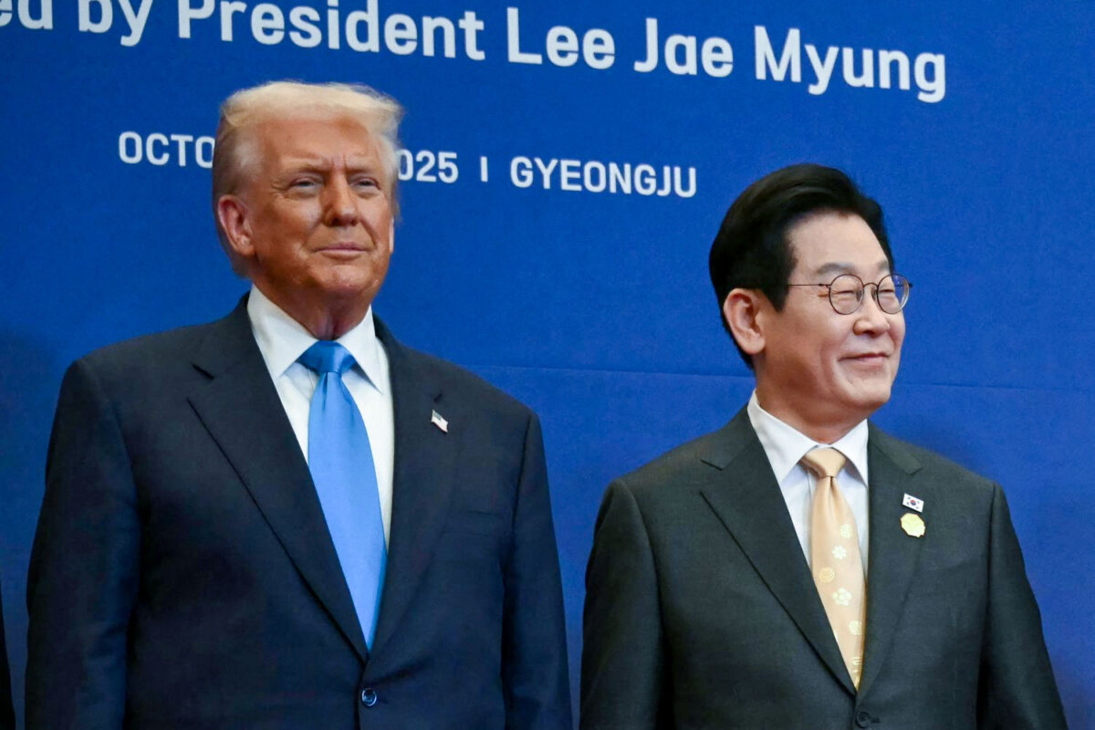 U.S. President Donald Trump and South Korean President Lee Jae Myung, upon their arrival for a special dinner hosted in honor of Trump and state leaders at the Hilton Gyeongju hotel in Gyeongju, South Korea, on Oct. 29, 2025. (Andrew Caballero-Reynolds/AFP via Getty Images)