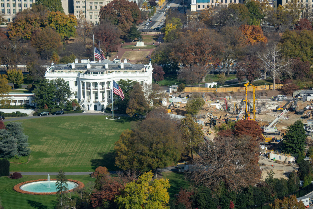 Construction crews continue to prepare for new ballroom construction as seen from the newly reopened Washington Monument in Washington on Nov. 14, 2025. (Andrew Leyden/Getty Images)
