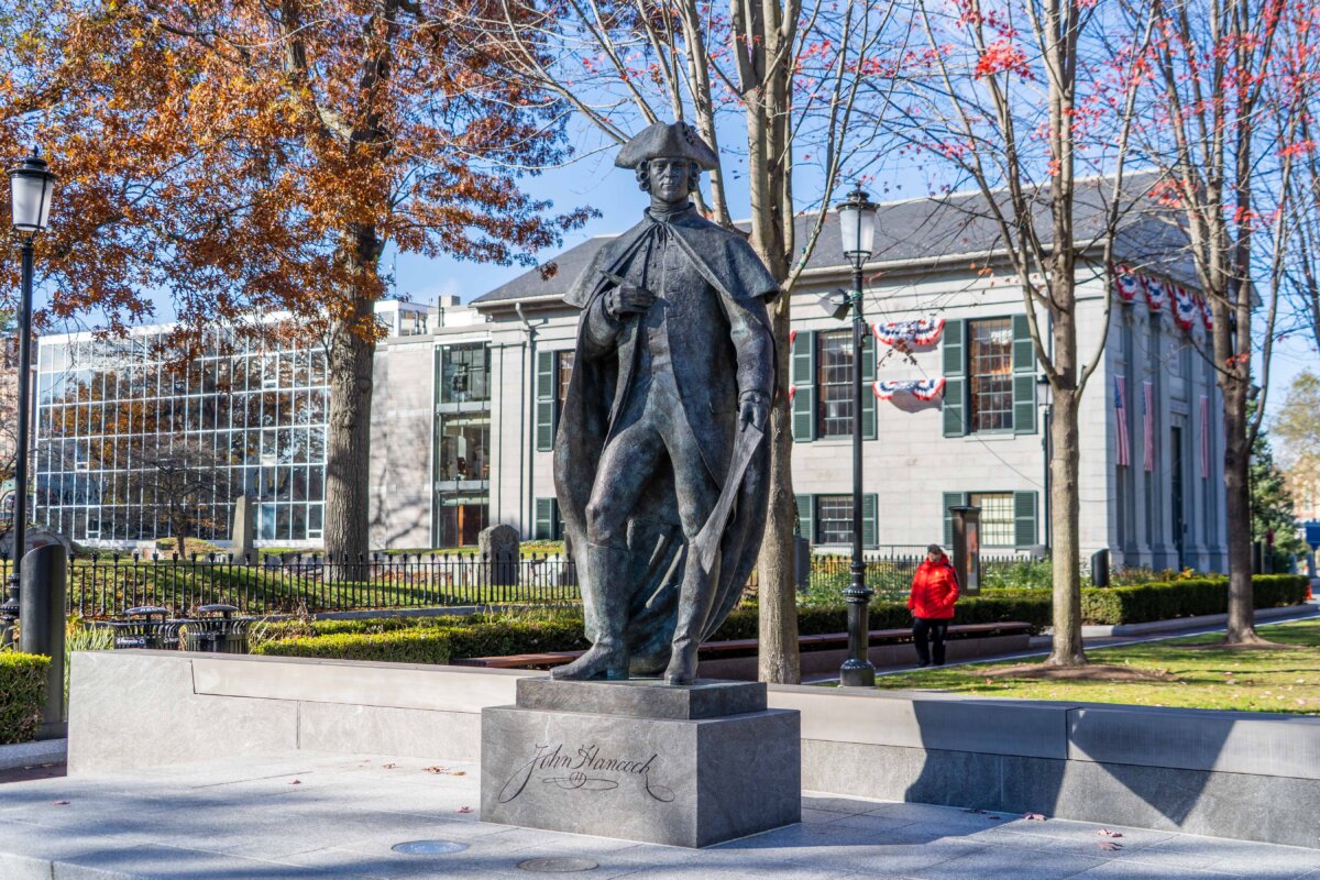 A statue of John Hancock, an American Founding Father, stands in Quincy, Mass., on Nov. 15, 2025. (Learner Liu/The Epoch Times)