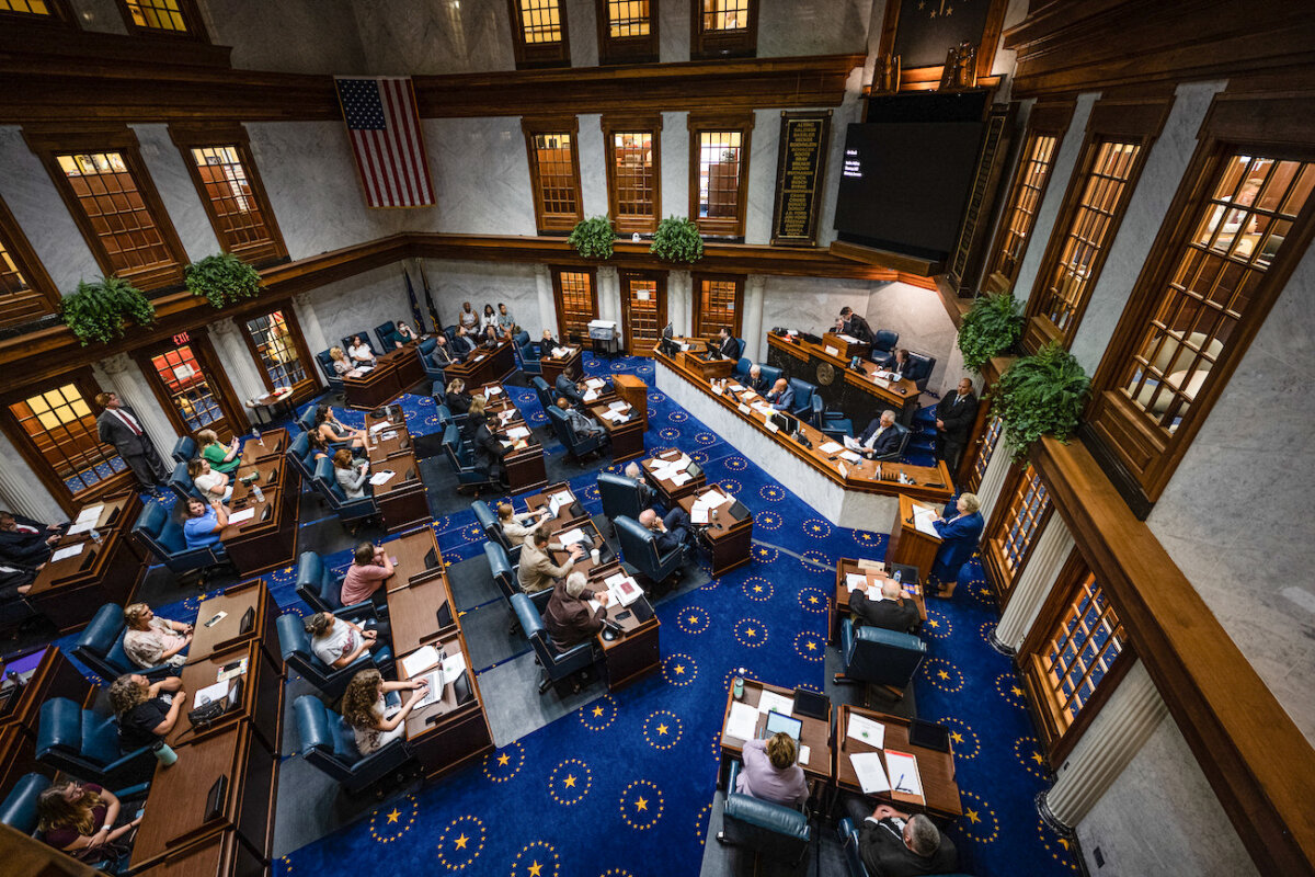 Indiana state senators meet in the Senate chamber in the Indiana State Capitol building in Indianapolis, on July 25, 2022. (Jon Cherry/Getty Images)