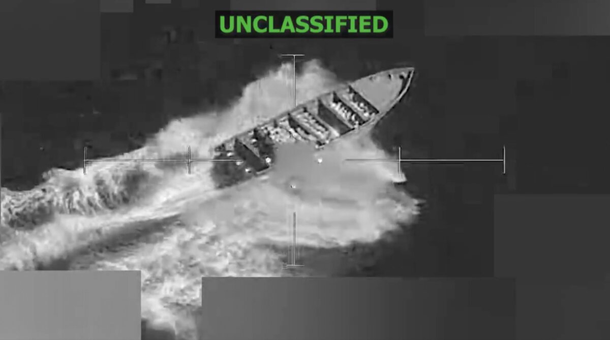 U.S. military strikes a suspected drug-trafficking vessel in international waters on Nov. 15, 2025, in a still from video. (U.S. Southern Command)
