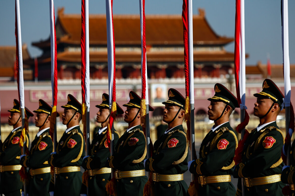 An honor guard lines Tiananmen Square ahead of a welcome ceremony for Thai King Maha Vajiralongkorn and Queen Suthida in Beijing on Nov.14, 2025. (Tingshu Wang/Getty Images)