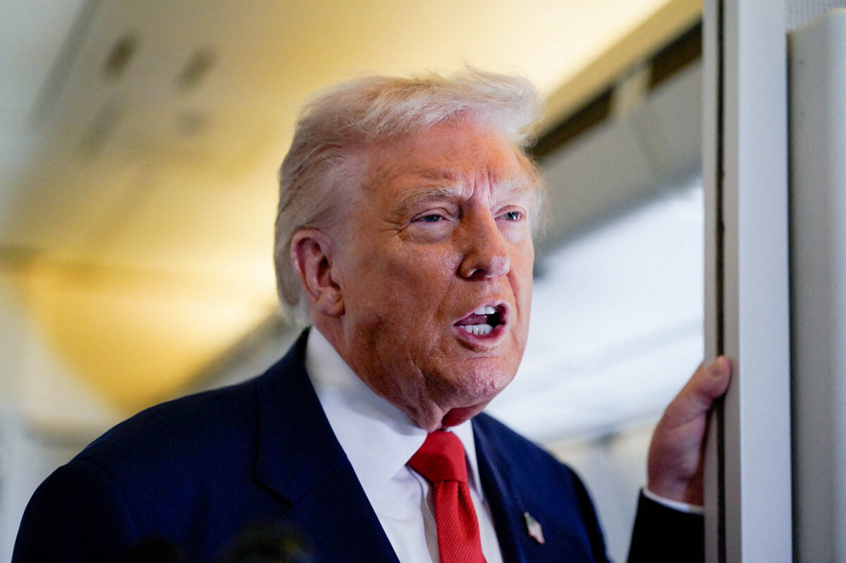 President Donald Trump speaks to members of the media aboard Air Force One as he departs for Florida from Joint Base Andrews, Md., on Oct. 31, 2025. (Elizabeth Frantz/Reuters)
