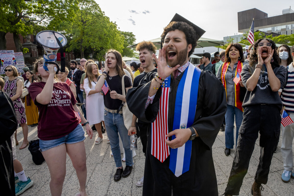 Graduating Harvard student Victor Flores and others rally in support of international students during the Harvard Students for Freedom rally at the Harvard University campus in Boston on May 27, 2025. (Rick Friedman/AFP via Getty Images)