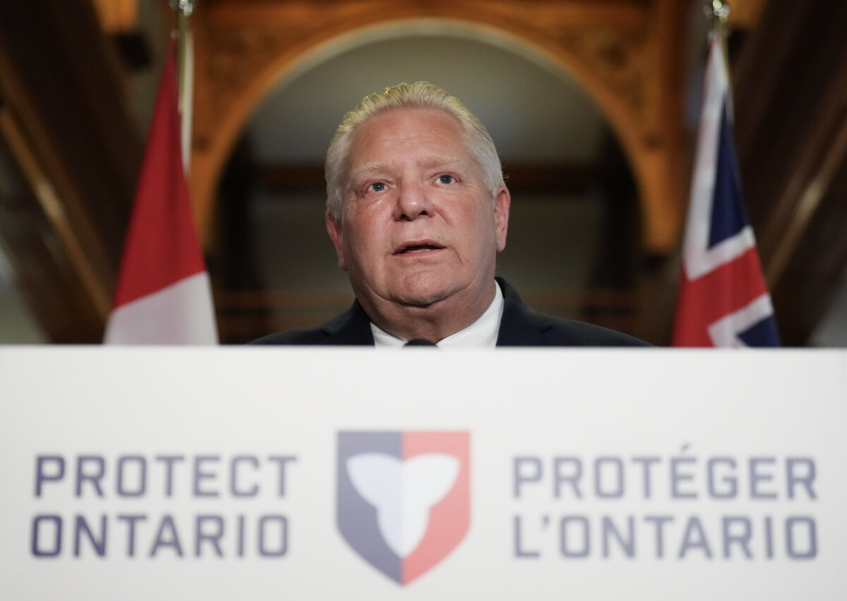 Ontario Premier Doug Ford speaks to the media during a press conference at Queen's Park in Toronto on Oct. 27, 2025. (The Canadian Press/Nathan Denette)