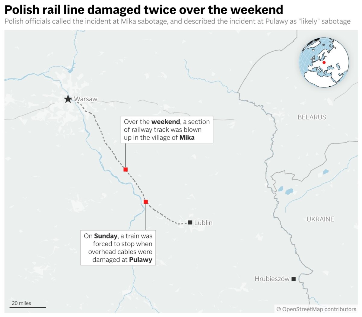 Shows the location of multiple incidents of suspected sabotage on a Polish railway line. (AP)