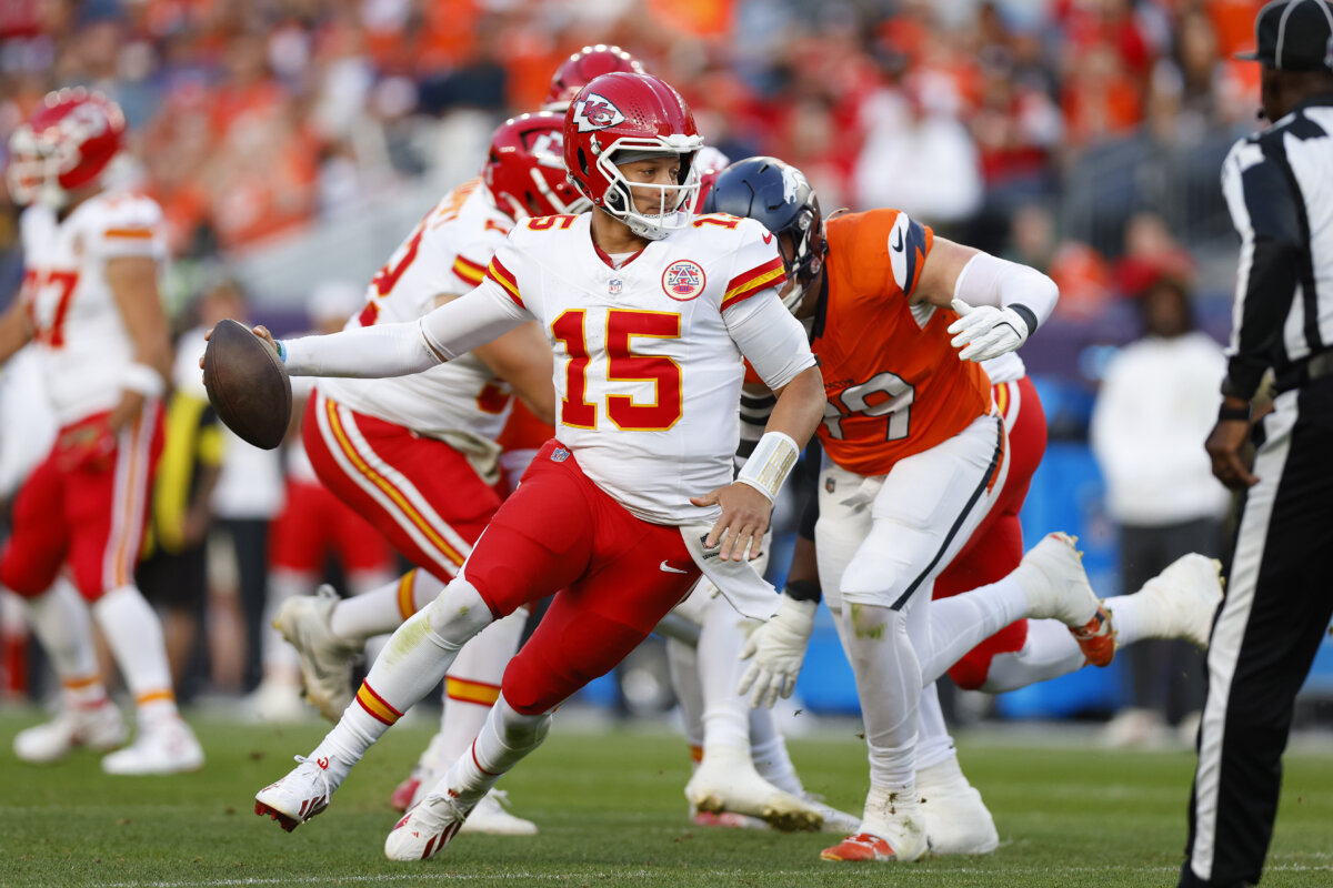 Patrick Mahomes of the Kansas City Chiefs runs with the ball against the Denver Broncos in the game at Empower Field At Mile High in Denver, Colo., on Nov. 16, 2025. (Justin Edmonds/Getty Images)