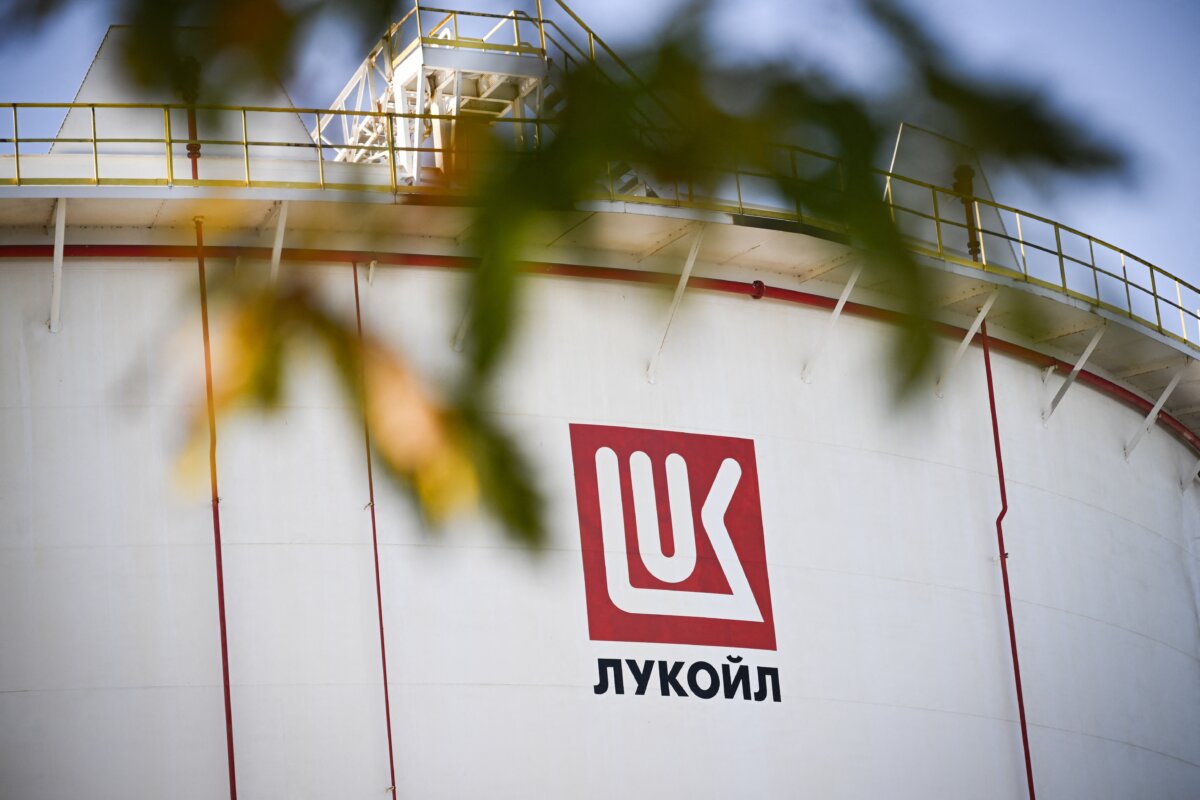 The Lukoil logo on a fuel storage tank at Rosenets Port Terminal on the Black Sea coast near Burgas, Bulgaria, on Nov. 14, 2025. (Nikolay Doychinov/AFP)