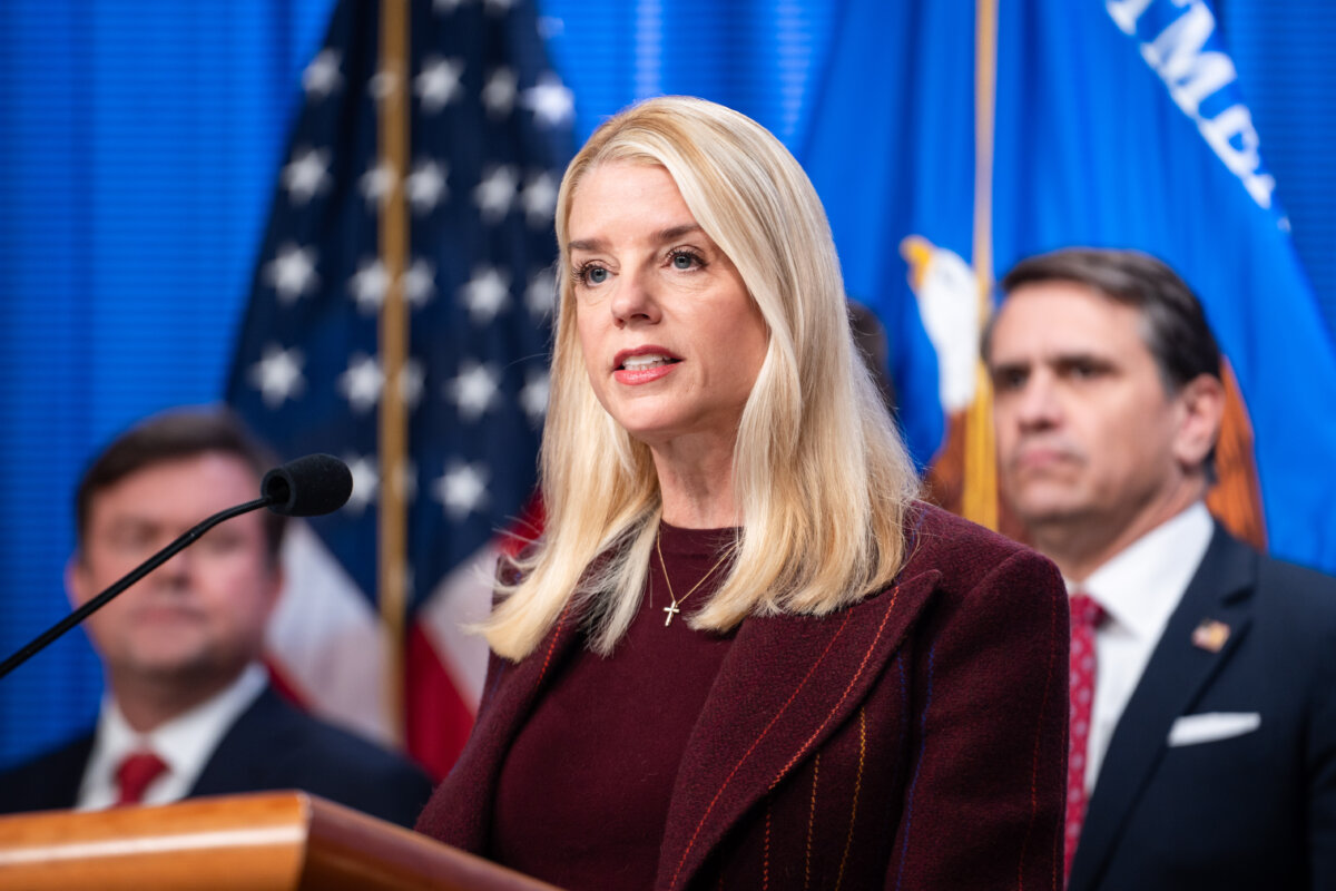 Attorney General Pam Bondi speaks during a news conference at the U.S. Department of Justice in Washington on Nov. 19, 2025. (Madalina Kilroy/The Epoch Times)
