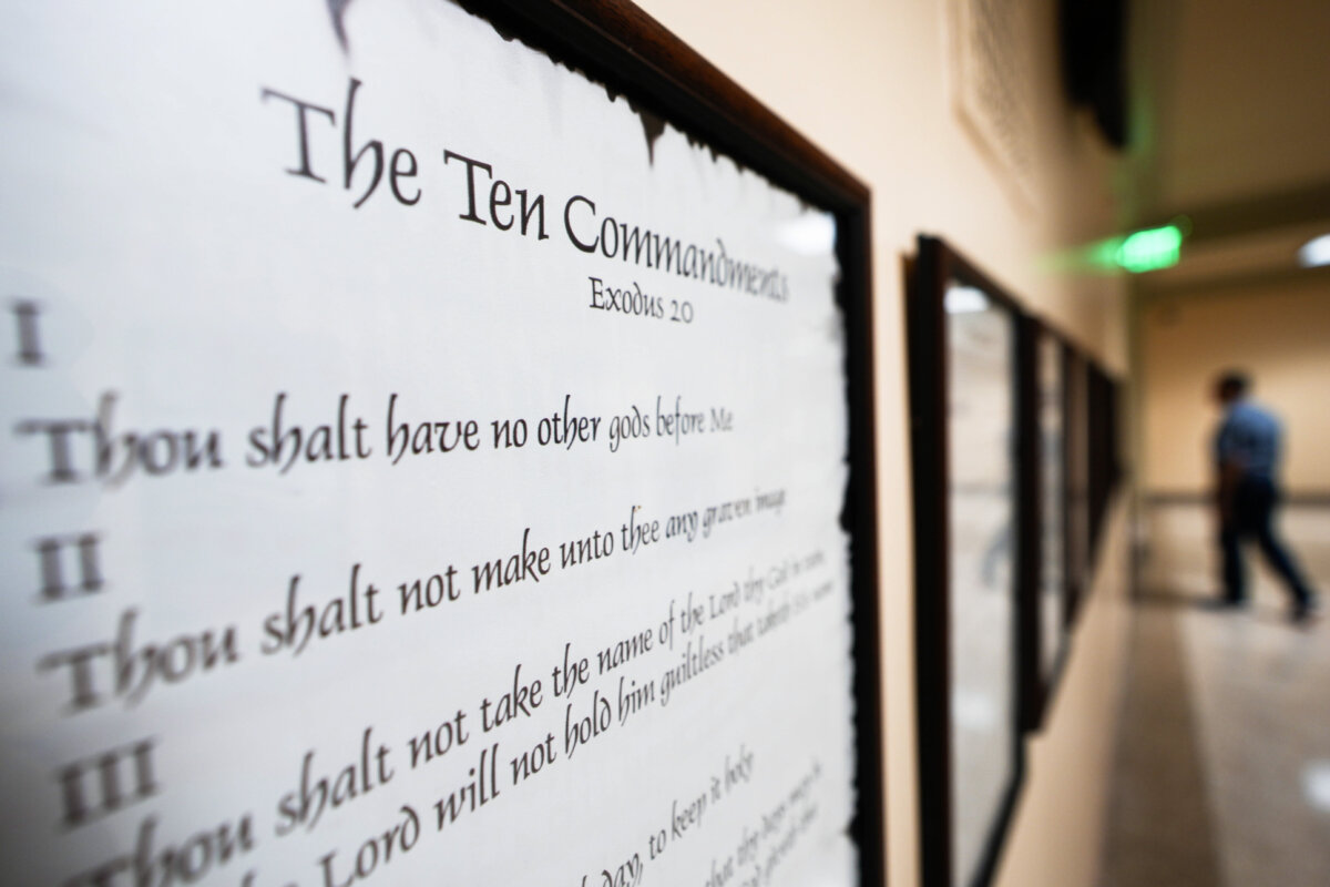 A copy of the Ten Commandments is posted along with other historical documents in a hallway of the Georgia Capitol on June 20, 2024. (AP Photo/John Bazemore, File)