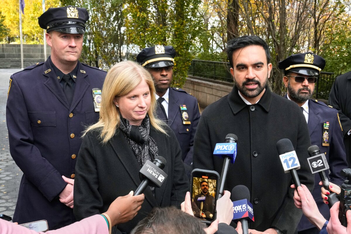 New York Mayor-elect Zohran Mamdani (R) and New York City Police Commissioner Jessica Tisch speak during a news conference after their visit to the New York City Police Memorial on Nov. 19, 2025. (Richard Drew/Pool via AP Photo)