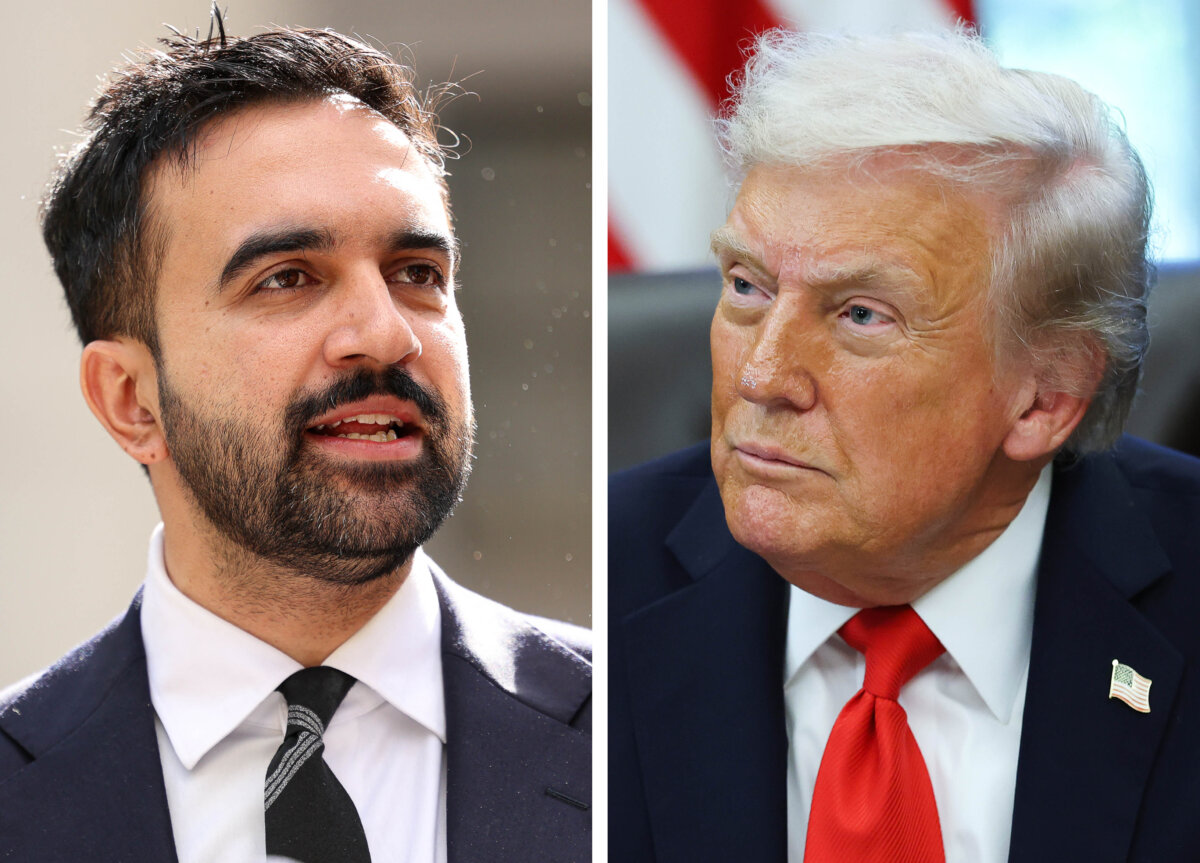 (Left) New York City Democratic mayoral candidate Zohran Mamdani speaks at a news conference in New York City on Oct. 10, 2025. (Right) President Donald Trump during an event in the Oval Office on Oct. 21, 2025. (Charly Triballeau/AFP via Getty Images, Anna Moneymaker/Getty Images)