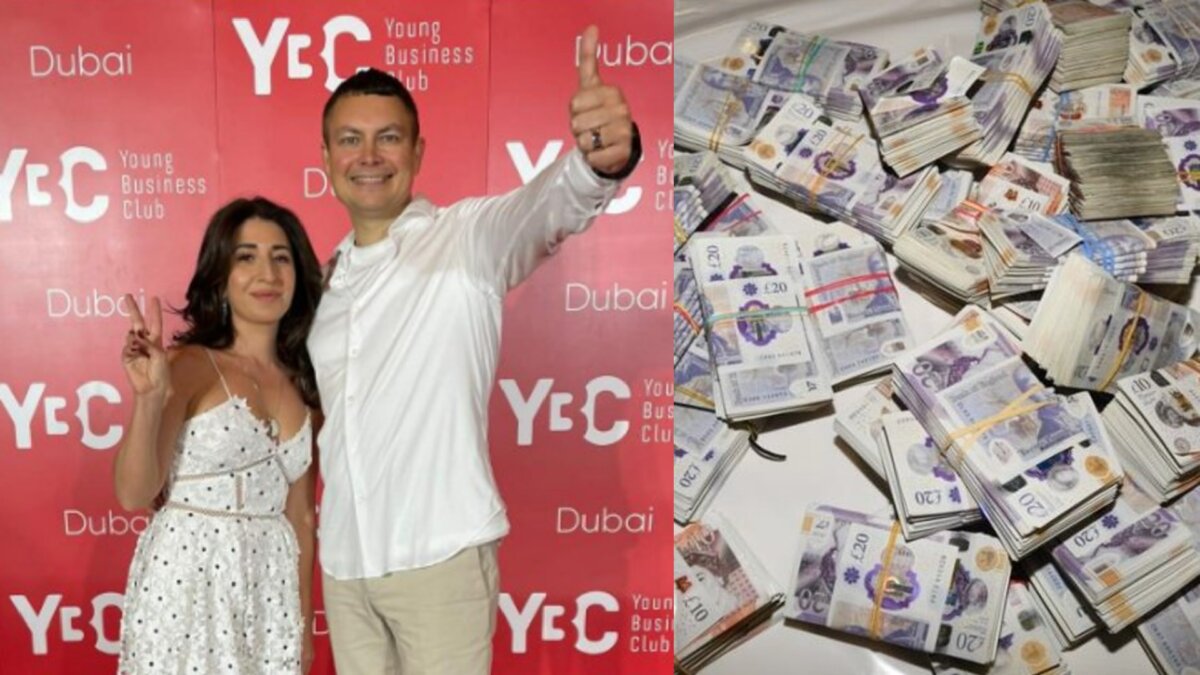 An undated image of George Rossi and Elena Chirkinyan, whose TGR group has been identified by UK's National Crime Agency as a Russian-controlled money laundering network (Left), and (Right) some of the money that was recovered. (UK National Crime Agency)