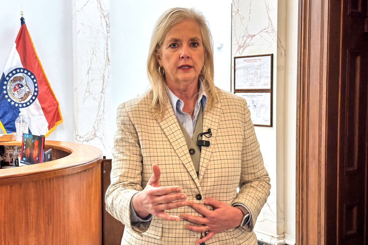 Missouri Attorney General Catherine Hanaway speaks to reporters at her office in Jefferson City, Mo., on Nov. 19, 2025. (AP Photo/David A. Lieb)