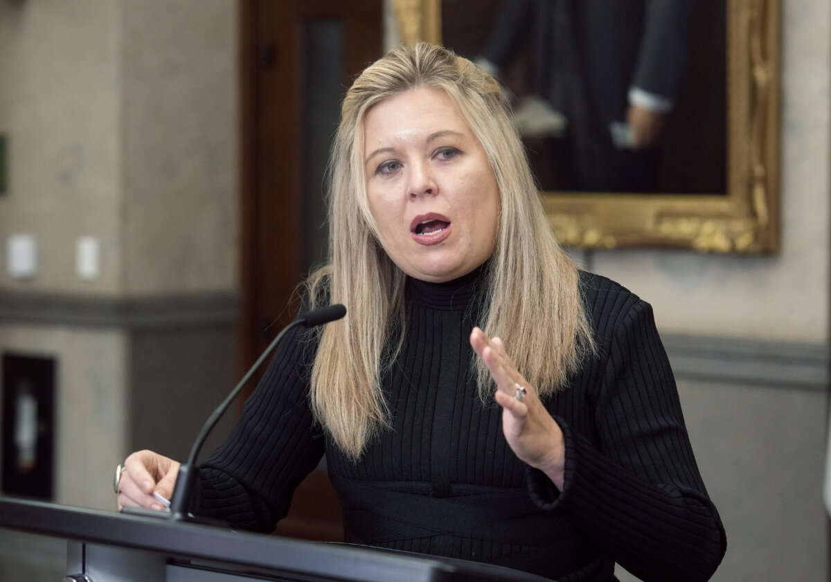 MP for Calgary Nose Hill Michelle Rempel Garner speaks in the foyer of the House of Commons in Ottawa on Nov. 20, 2025. (The Canadian Press/Adrian Wyld)