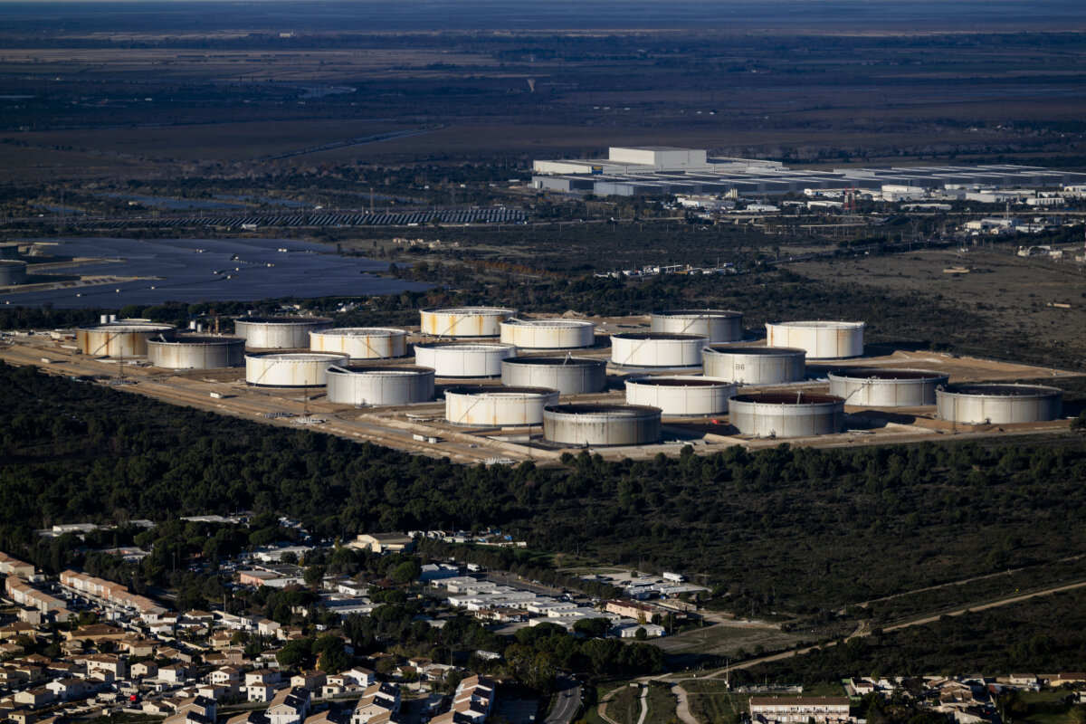 Oil tanks in the petro chemical complex of Fos-sur-Mer, France, on Nov. 21, 2025. (Clement Mahoudeau/AFP via Getty Images)