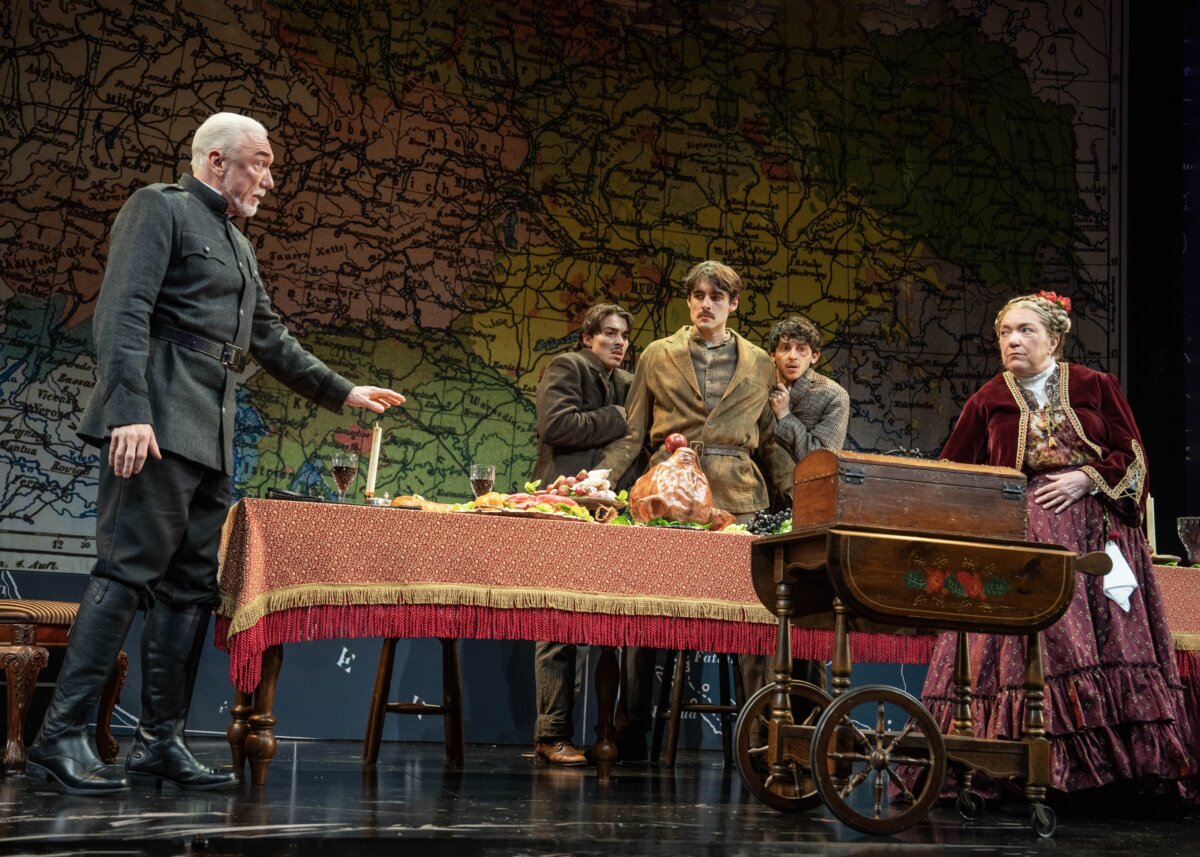 (L–R) Patrick Page, Jason Sanchez, Adrien Rolet, Jake Berne, and Kristine Nielsen in "Archduke." (Joan Marcus)