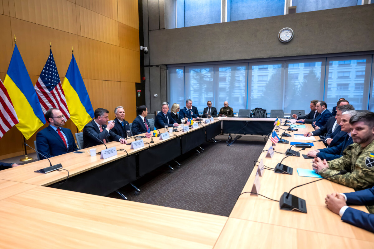 U.S. (left) and Ukrainian (right) delegations at the beginning of their talks at the U.S. Permanent Mission in Geneva, Switzerland, on Nov. 23, 2025. (Martial Trezzini/Keystone via AP)