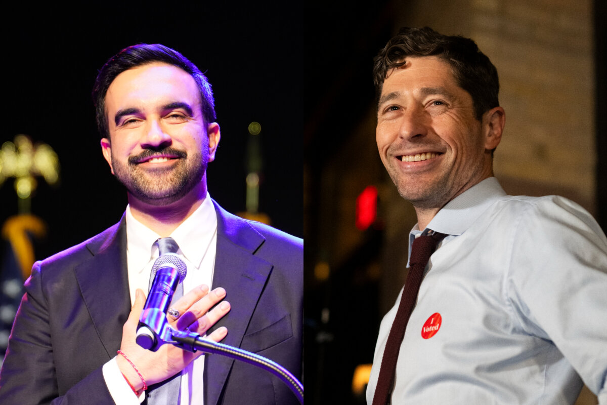 (Left) Minneapolis Mayor Jacob Frey speaks at an Election Night party in Minneapolis on Nov. 4, 2025. (Right) New York City Mayor-elect Zohran Mamdani speaks in Brooklyn, N.Y., on Nov. 4, 2025. (Stephen Maturen/Getty Images; Adhiraj Chakrabarti for The Epoch Times)