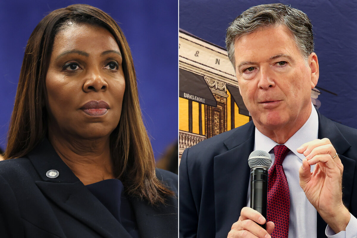 (Left) New York Attorney General Letitia James attends a news conference in New York City on Oct. 21, 2025; (Right) Author James Comey, former FBI director, speaks at the Barnes & Noble Upper West Side in New York City on May 19, 2025. (Michael M. Santiago/Getty Images)