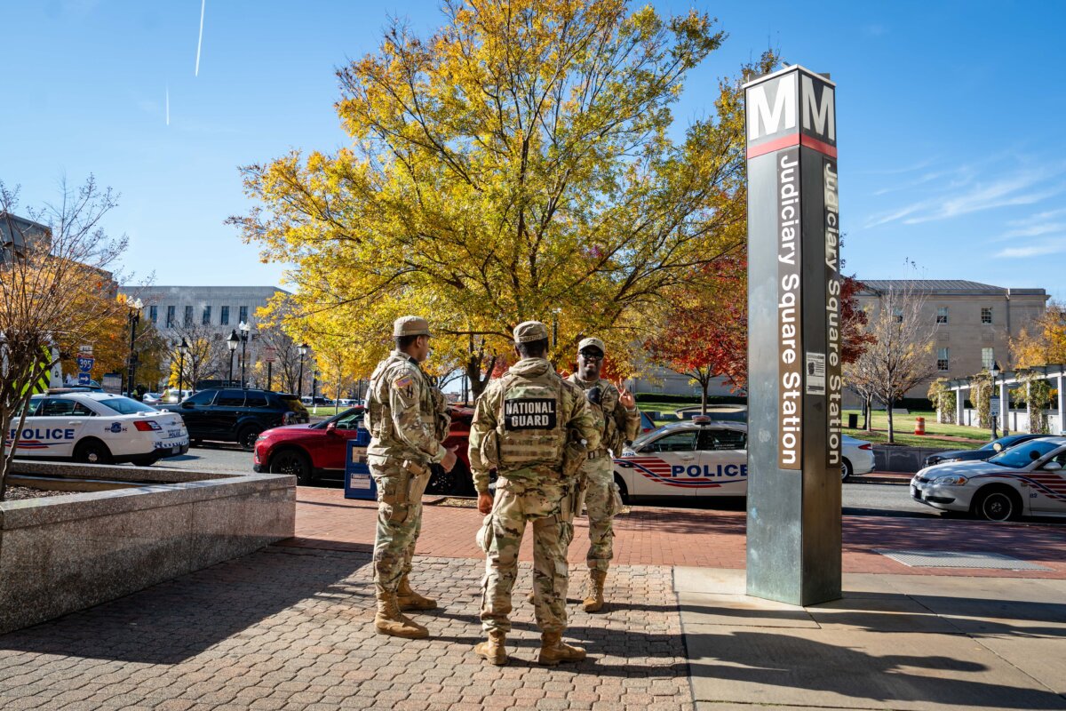 National Guard members at the Judiciary Square Metro stop in Washington on Nov. 24, 2025. (Madalina Kilroy/The Epoch Times)