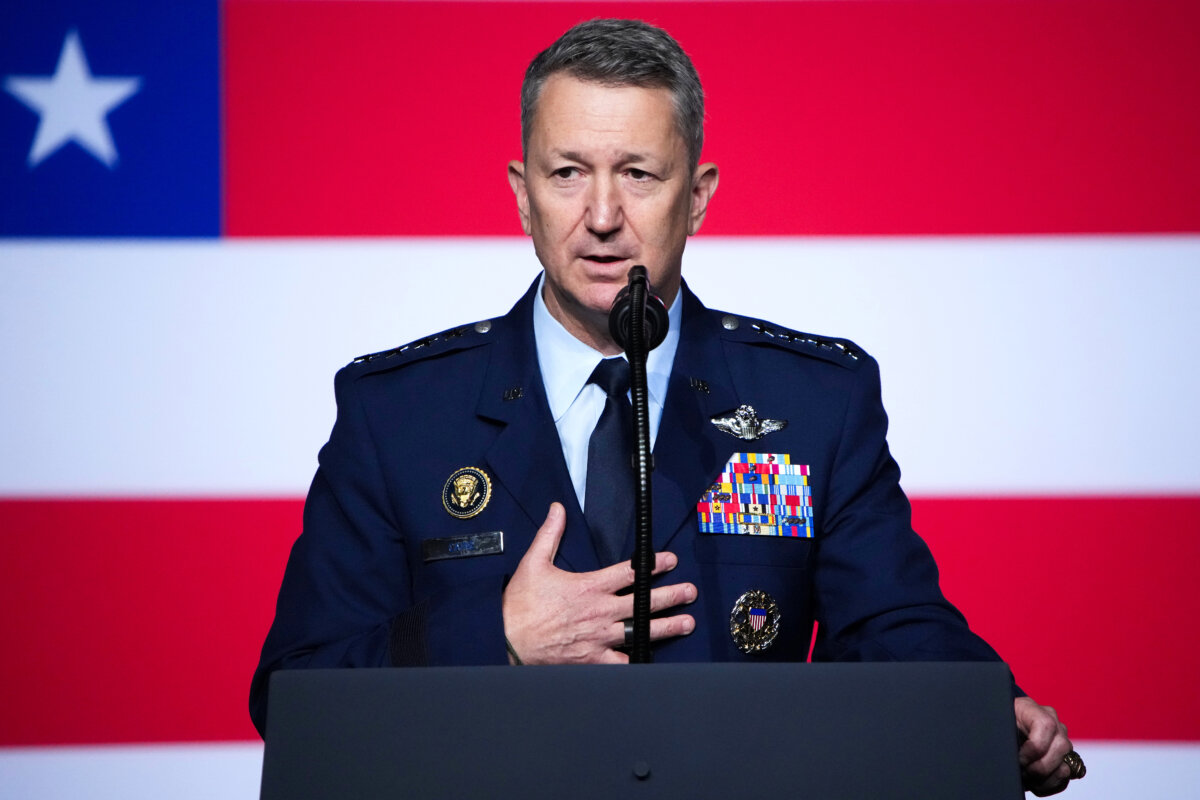 Chairman of the Joint Chiefs of Staff Air Force Gen. Dan Caine speaks to senior military leaders at Marine Corps Base Quantico in Quantico, Virginia, on Sept. 30, 2025. (Andrew Harnik/Getty Images)