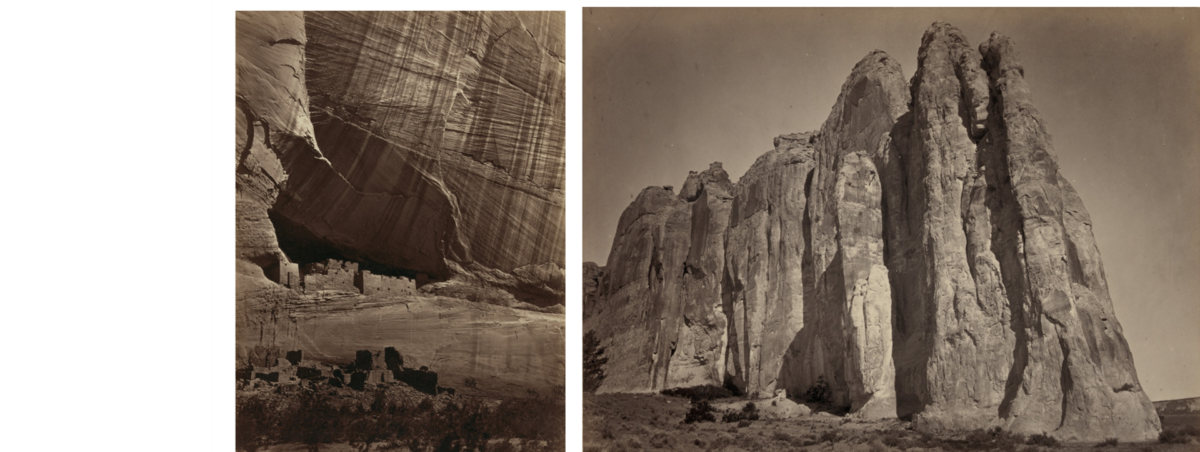 (Left) White House ruins, Canyon de Chelly, Arizona, 1873, and (Right) Inscription Rock, El Morro, New Mexico, 1873, photographed by Timothy O'Sullivan. Library of Congress. (Public Domain)