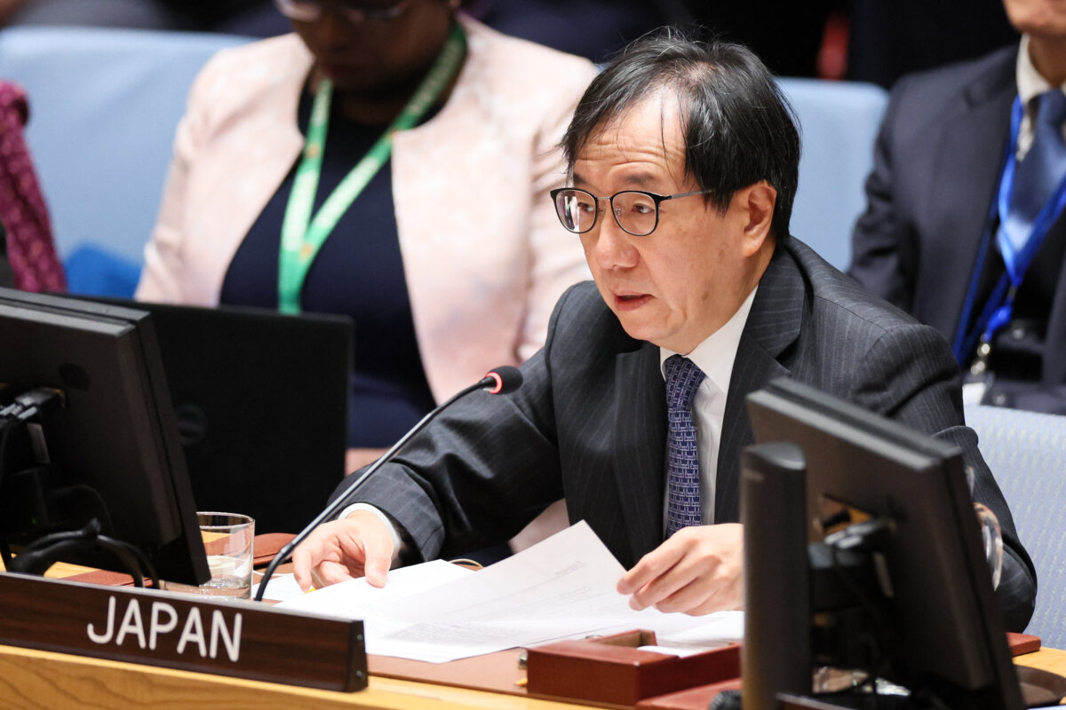 Kazuyuki Yamazaki, permanent representative of Japan to the United Nations, speaks during a U.N. Security Council Session on Artificial Intelligence at the U.N. headquarters in New York on Dec. 19, 2024. (Charly Triballeau/AFP via Getty Images)