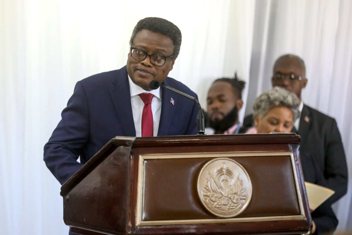 Fritz Alphonse Jean, an economist and former central bank governor, who replaced Leslie Voltaire in the rotating presidency of the transitional presidential council, speaks during his installation ceremony in Port-au-Prince, Haiti, on March 7, 2025. (Odelyn Joseph/AP Photo)