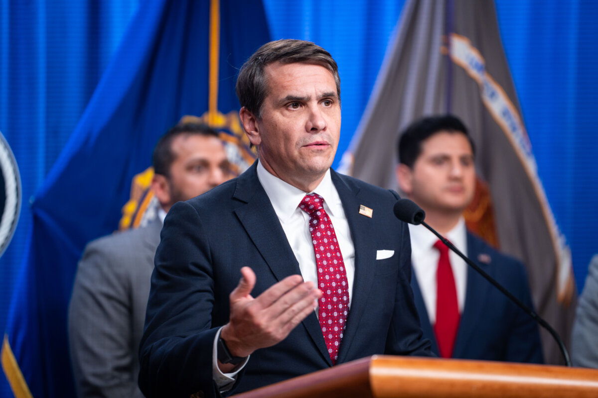 Deputy Attorney General Todd Blanche speaks during a news conference at the U.S. Department of Justice in Washington on Nov. 19, 2025. (Madalina Kilroy/The Epoch Times)