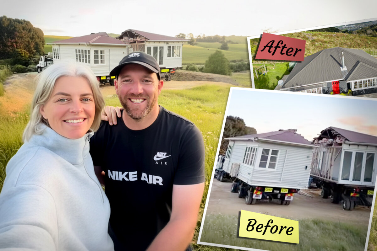 Aimee Clotworthy and her husband, Patrick, on their new homestead after relocating their house by truck. (Courtesy of Aimee Clotworthy)