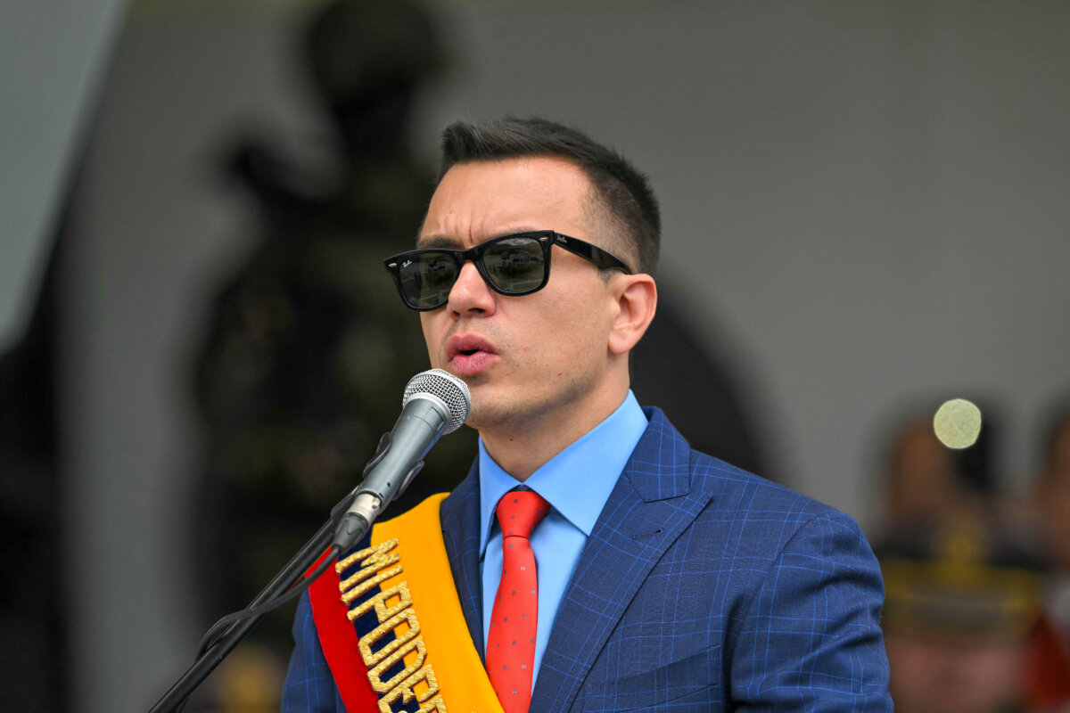 Ecuador's President Daniel Noboa delivers a speech at the Eloy Alfaro Military Academy on the outskirts of Quito on Nov. 26, 2025. (Rodrigo Buendia/AFP via Getty Images)
