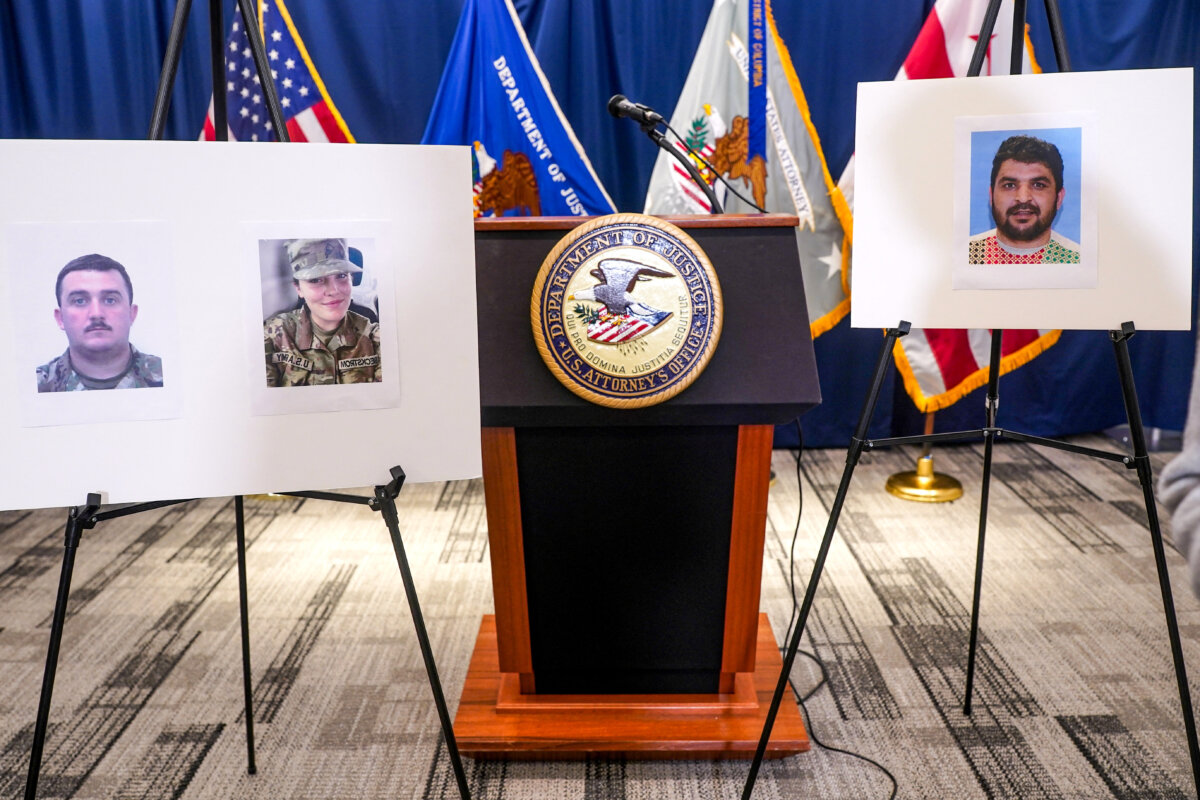 Pictures of National Guard members Andrew Wolfe and Sarah Beckstrom, who were shot on Nov. 26 in Washington, are displayed next to a picture of the suspect of the shooting, Afghan national Rahmanullah Lakanwal, on the day of a press conference with FBI Director Kash Patel, U.S. Attorney for D.C. Jeanine Pirro and other authorities, in Washington on Nov. 27, 2025. (Nathan Howard/Reuters)