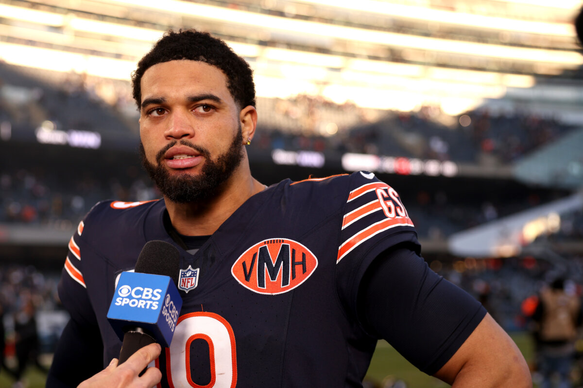Caleb Williams #18 of the Chicago Bears is interviewed after beating the Pittsburgh Steelers 31-28 at Soldier Field in Chicago, Ill., on Nov. 23, 2025. (Geoff Stellfox/Getty Images)