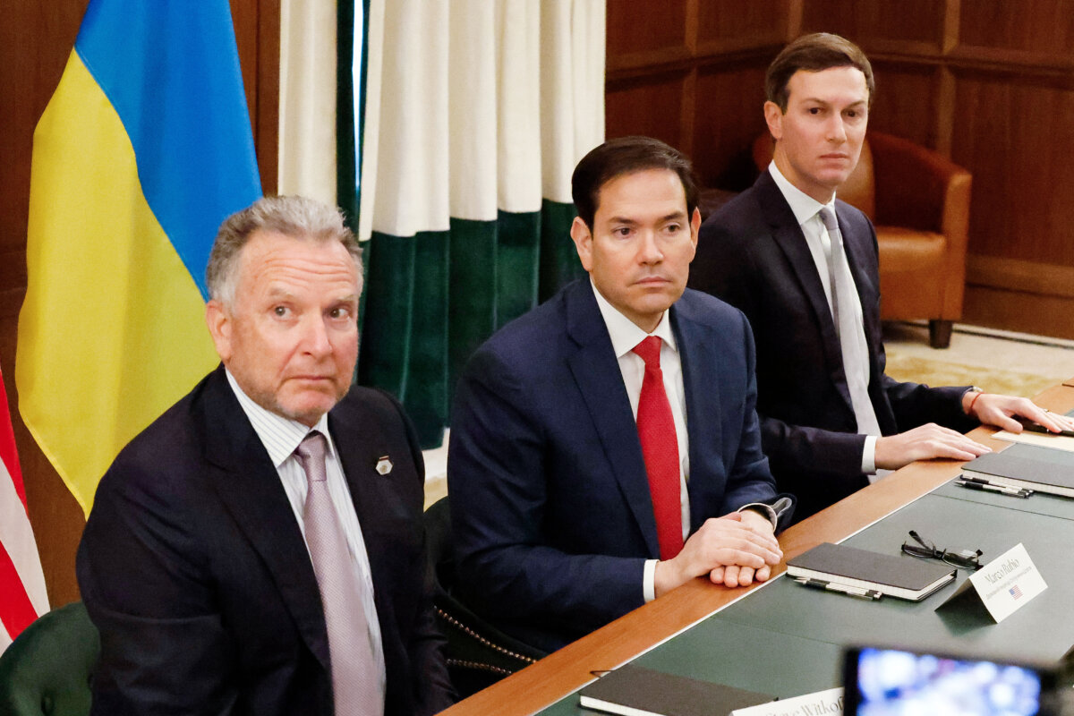 Special Envoy Steve Witkoff (L), Secretary of State Marco Rubio (C), and Jared Kushner attend a meeting with Ukrainian officials in Hallandale Beach, Fla., on Nov. 30, 2025. (Terry Renna/AP Photo)