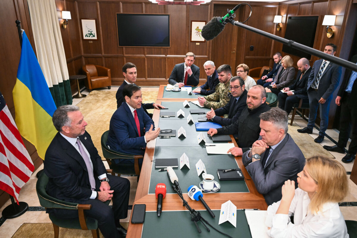 U.S. Secretary of State Marco Rubio (center L), flanked by White House Special Envoy Steve Witkoff and Jared Kushner, speaks during a meeting with Ukrainian officials headed by Secretary of the National Security and Defense Council of Ukraine Rustem Umerov (center R) in Hallandale Beach, Fla., on Nov. 30, 2025. (Chandan Khanna/AFP via Getty Images)