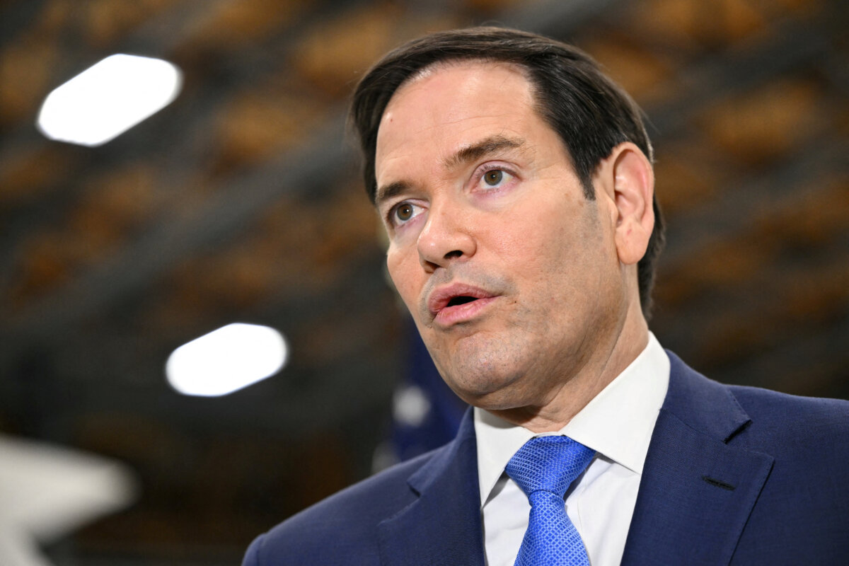 Secretary of State Marco Rubio speaks to journalists at the John C. Munro Hamilton International Airport after the G7 foreign ministers meeting, in Hamilton, Ontario, Canada, on Nov. 12, 2025. (Mandel Ngan/Pool via Reuters)