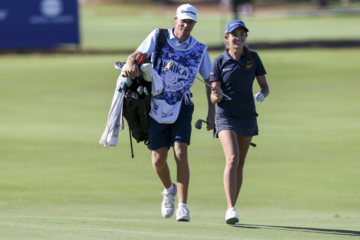 Kai Trump walks up to the fifteenth green during the first round of The ANNIKA golf tournament at Pelican Golf Club in Belleair, Fla., on Nov. 13, 2025. (Nathan Ray Seebeck-Imagn Images)