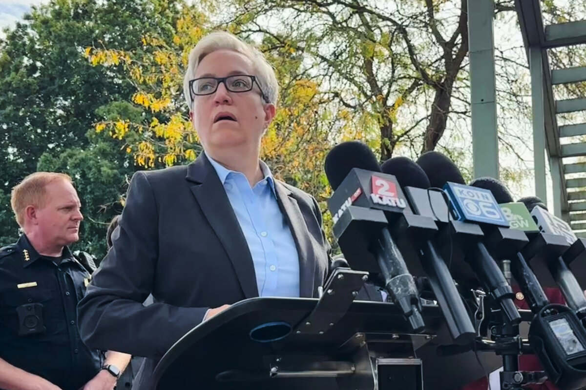 Democratic Oregon Gov. Tina Kotek speaks at a news conference in Portland, Ore., on Sept. 27, 2025, after Republican President Donald Trump said he would send troops to the city. (Claire Rush/AP Photo)