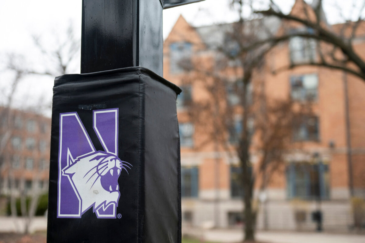 The Northwestern Wildcats logo on the campus of Northwestern University in Evanston, Ill., on April 9, 2025. (Vincent Alban/Reuters)